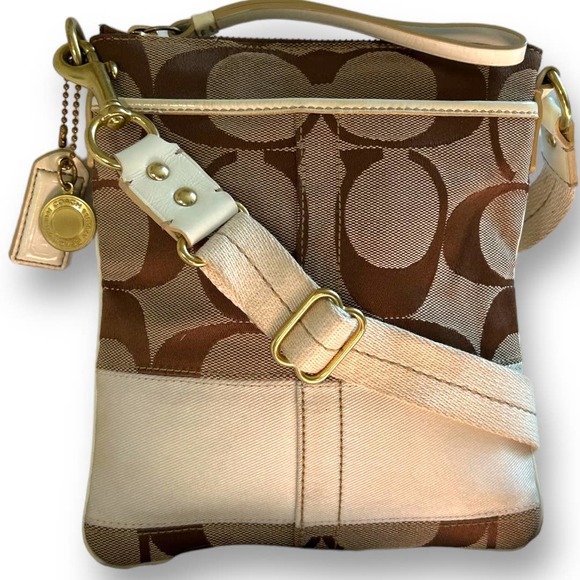 COACH Signature 40758 Crossbody Bag Canvas Leather Brown White Swingpack - Picture 1 of 14